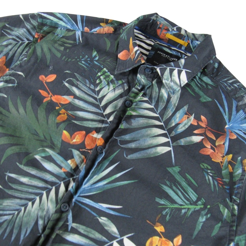 Denim & Flower Button Up Shirt Mens Medium Navy Blue Tropical Floral Excellent